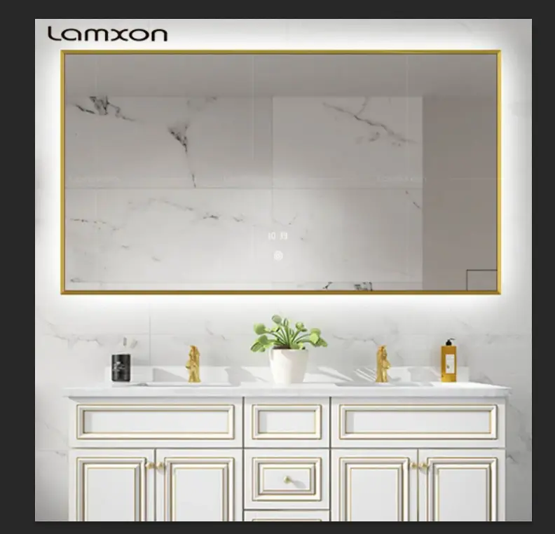 مرآة حمام بإضاءة خلفية مستطيلة من النحاس الأصفر LAM028