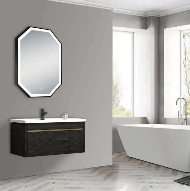 LAM027 مثمن مرآة حمام بإطار أسود مع أضواء
