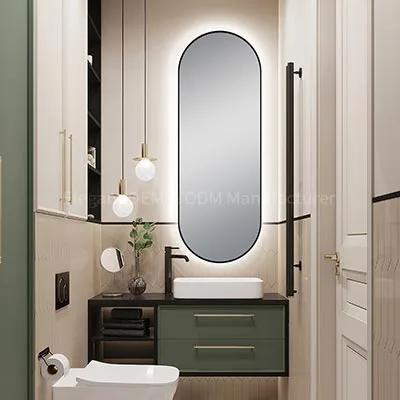 خزانة حمام سوداء بيضاوية اللون بمرآة